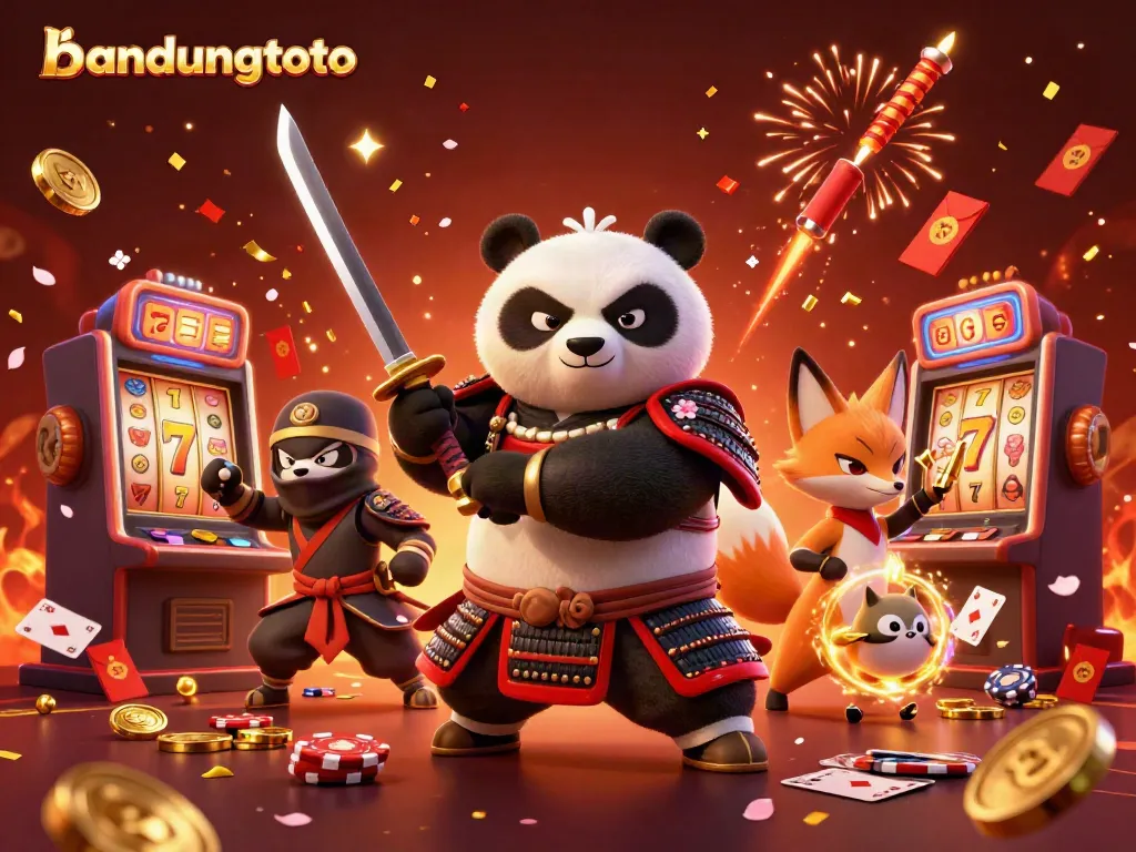 Experience thrilling action with bandungtoto as a brave samurai panda and ninja fox celebrate wins in an energetic casino scene.