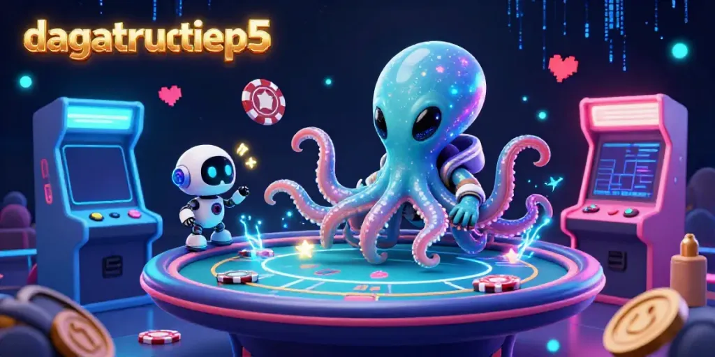 Engaging experience at dagatructiep5 with vibrant alien octopus operating poker table amidst colorful game machines.