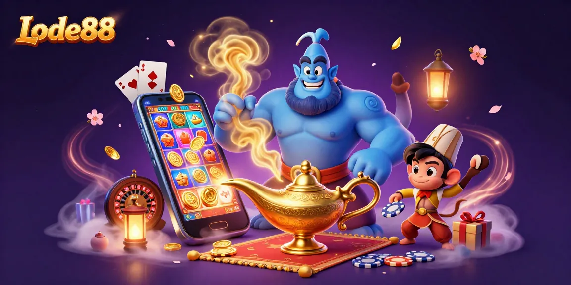 Lode88's vibrant casino scene featuring a genie, monkey, and flying carpet, surrounded by slots, poker chips, and magical elements.