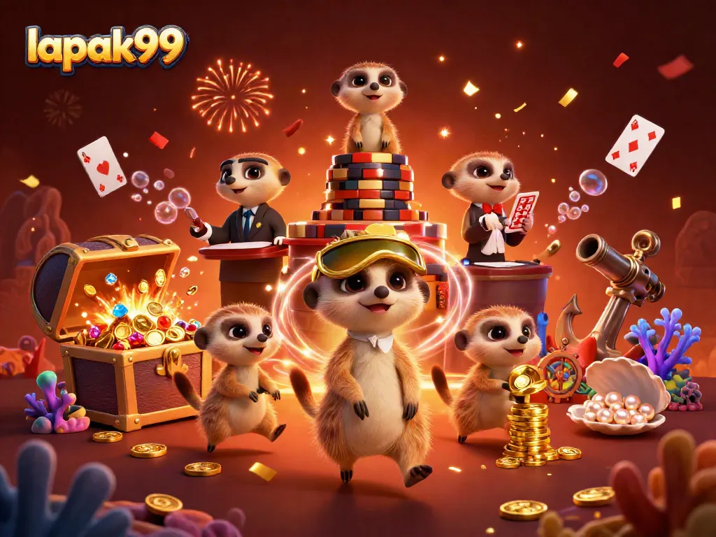 Experience the thrilling casino action at lapak99 featuring meerkats in vibrant 3D illustration.