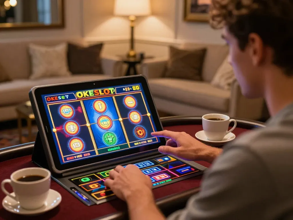 Experience an engaging slot game at OKESLOT with vibrant displays on your tablet.