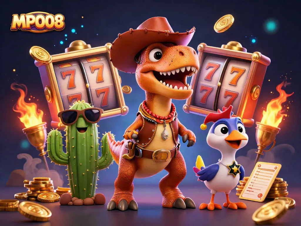 Engage with MPO08 in an exciting slots scene featuring cartoon characters, vibrant spins, and dynamic elements.
