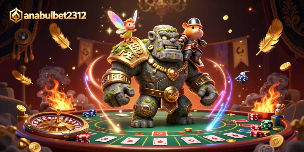 Gambarkan keseruan permainan di anabulbet2312 dengan golem batu, peri, dan ksatria hamster beraksi.