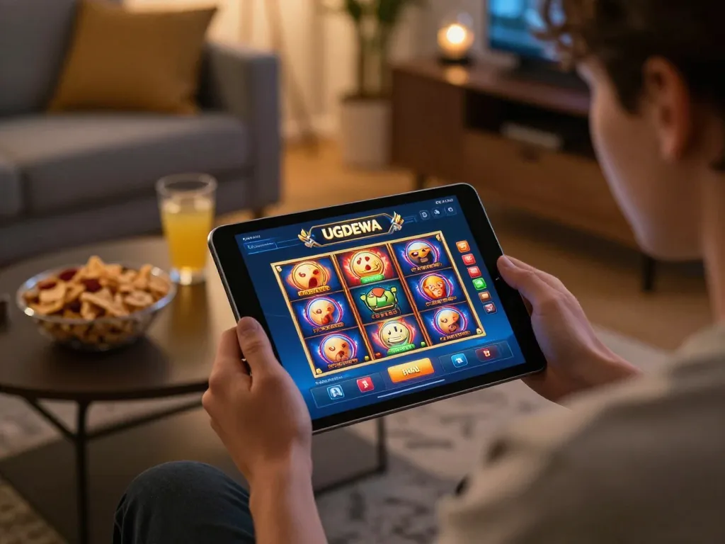 Online gamer enjoying UGDEWA casino app with tablet and snacks in cozy setting