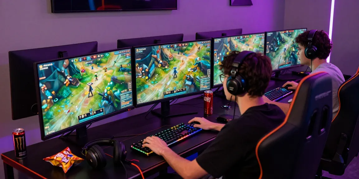 Gamer fokus memakai IMBAJP di ruang gaming modern yang dinamis.