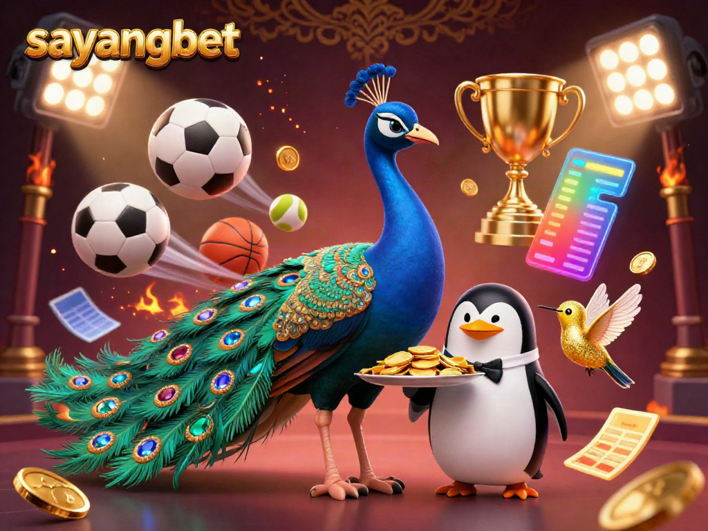 Experience the vibrant world of sayangbet with an extravagant 3D illustration showcasing a peacock, a butler penguin, and dynamic sports elements.