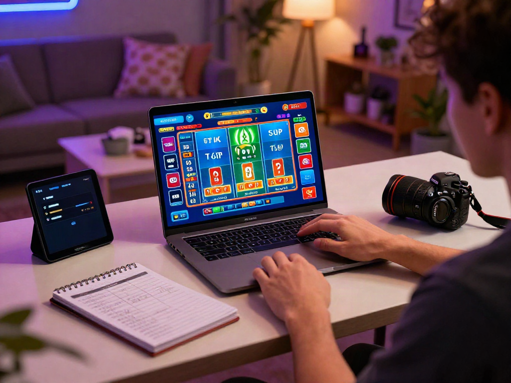 Dewitogel - Pemain togel online sedang menikmati pengalaman bermain di laptop modern dalam suasana yang meriah