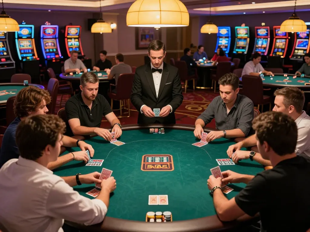 Players strategizing in fun79's high-stakes poker game at a luxury casino.