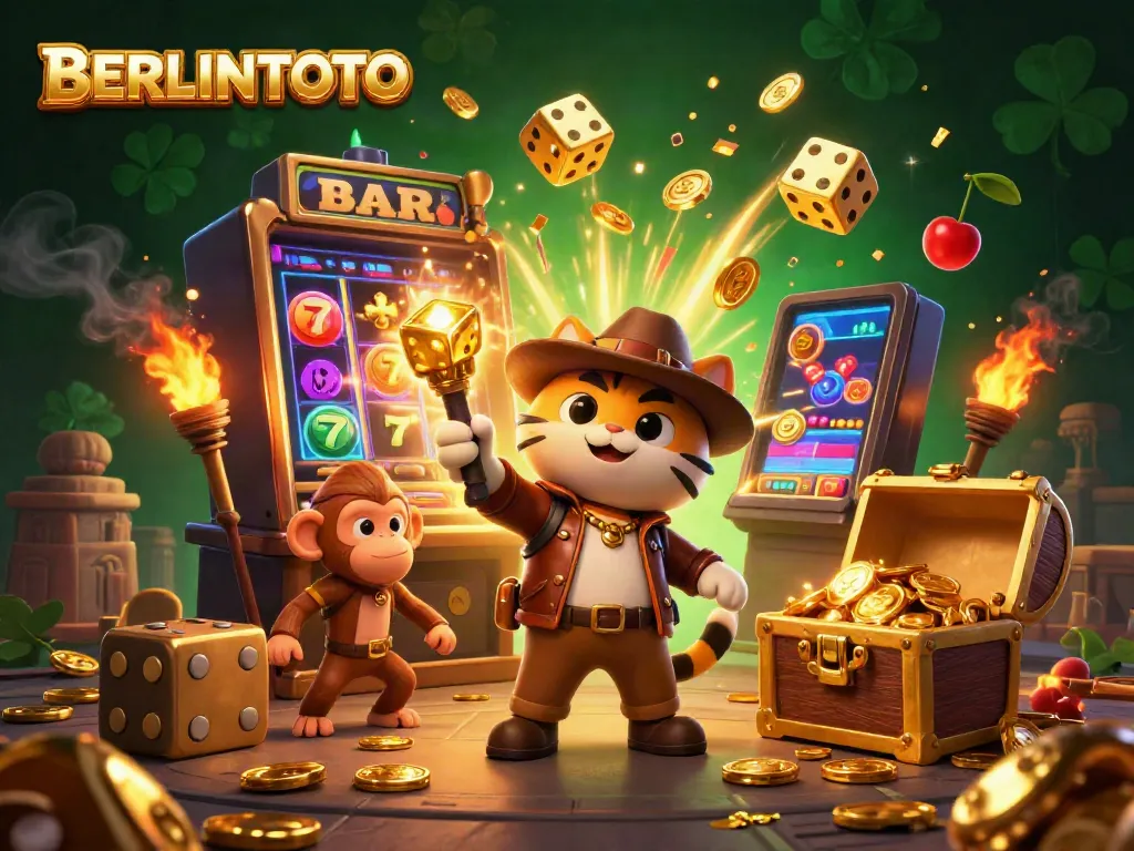 Experience thrilling jackpots with BERLINTOTO in a vibrant 3D casino adventure illustration.