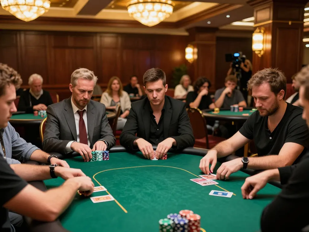 Players at a luxurious casino poker table engaged with their strategy, showcasing mpoid dynamics in high-stakes gameplay.