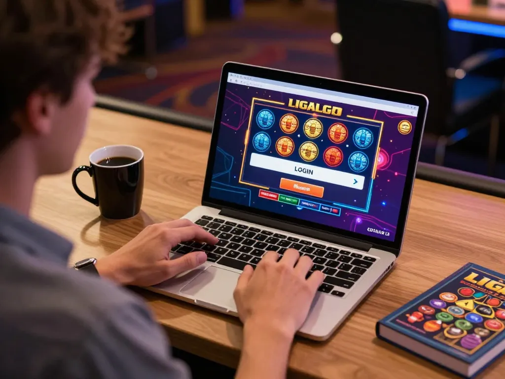 LIGALGO LOGIN on a laptop screen during an engaging online slots game session at home providing a cozy atmosphere.