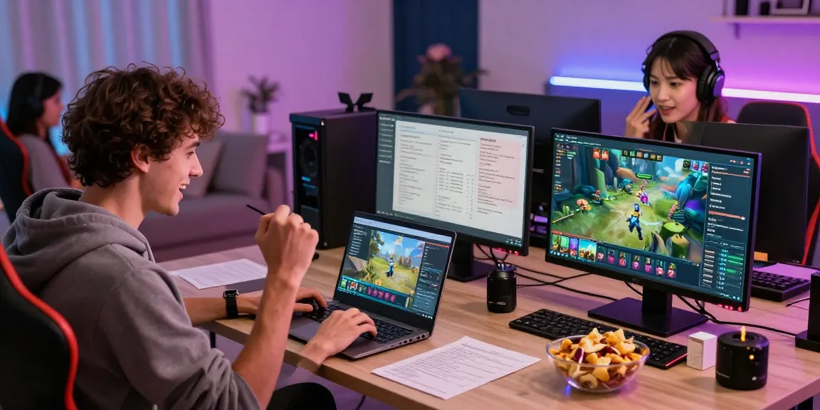 Pemain SULAP338 sedang bermain permainan online dengan antusias di laptop dan smartphone mereka, menciptakan suasana energik dan seru.
