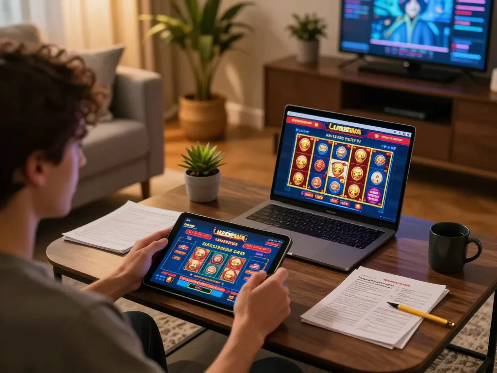 UGDEWA player enjoying online slots on a tablet in a cozy home setting with strategy notes.