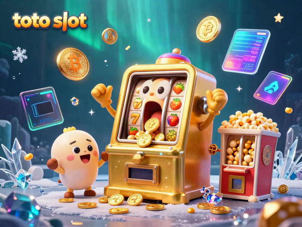 Experience the excitement of the toto slot as a golden slot machine hits the jackpot amidst vibrant coins and cheers!