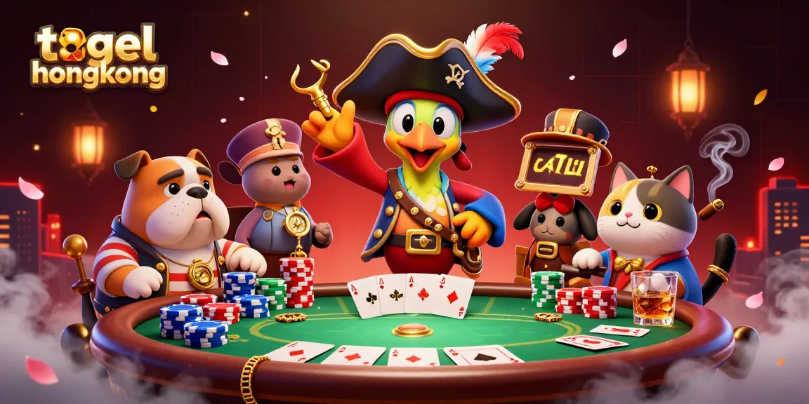 Togel Hongkong scene featuring a pirate captain, bulldog, and cat in a vibrant poker setting.