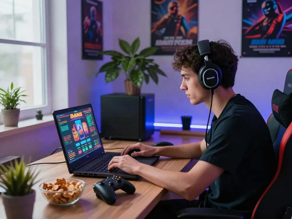 Engaging slot dana gaming session at home with a player focused on their laptop.