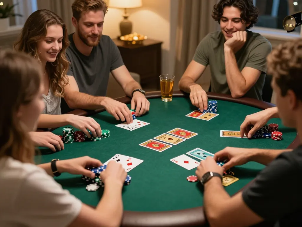 Friends playing poker at home, enhancing their strategy with paris888-inspired gameplay.