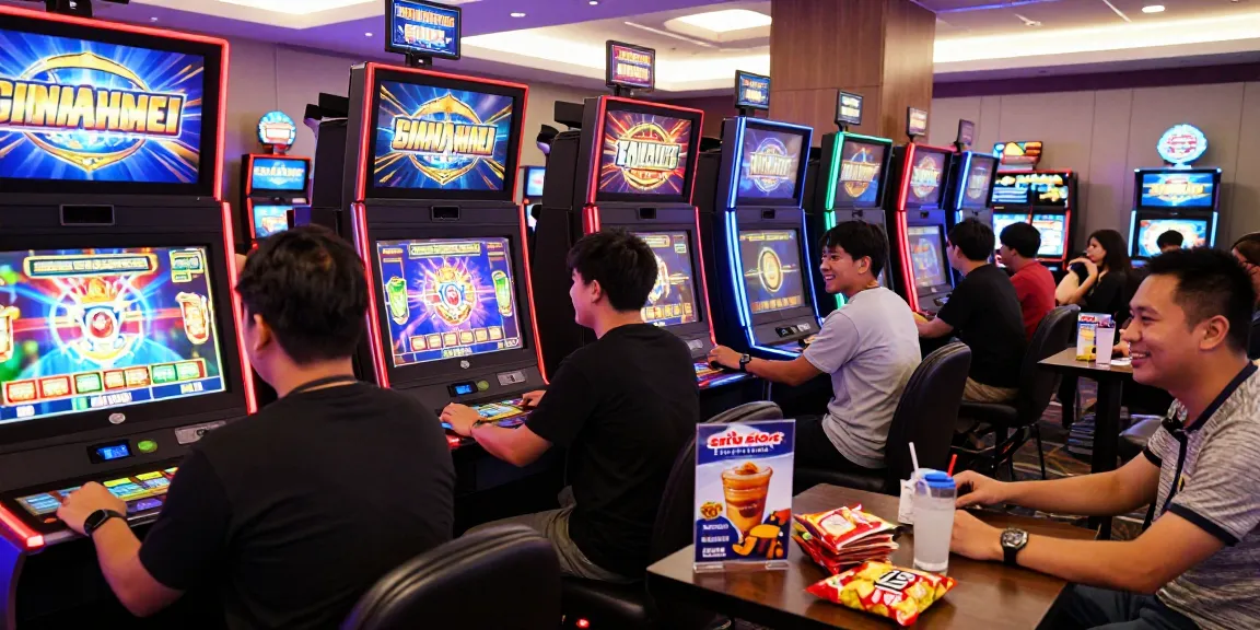 Players engaging in a lively online gambling scene featuring situs slot raffi ahmad with colorful slot machines.