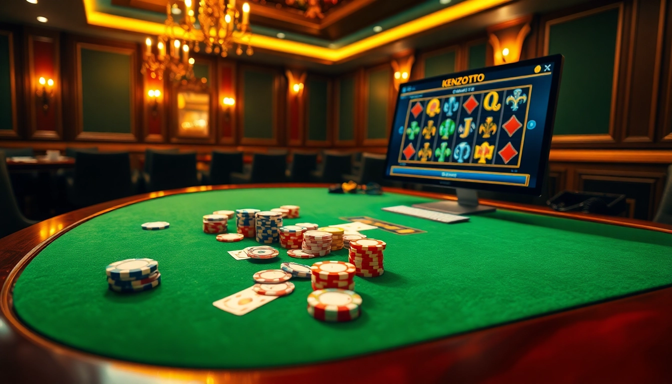 Players enjoy a thrilling session at KENZOTOTO online casino, featuring engaging slot games and vibrant poker chips.