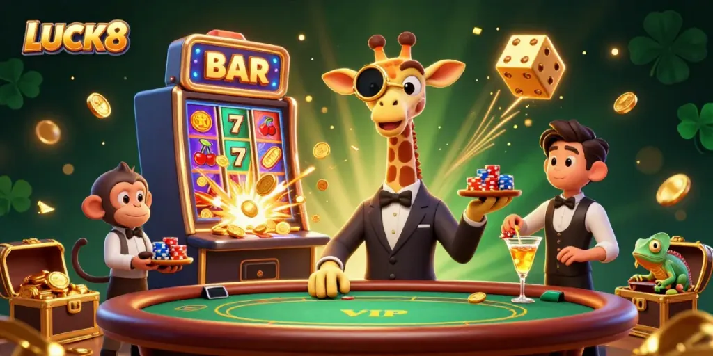 Experience exhilarating wins at LUCK8 casino with a vibrant 3D illustration featuring exciting gaming elements.