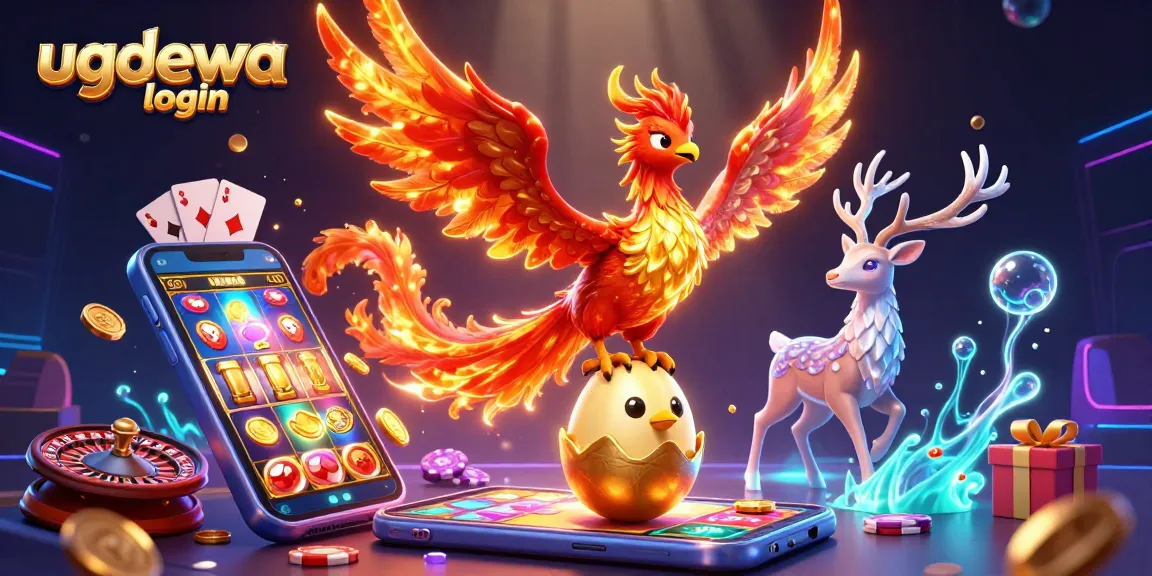 Spin the reels with ugdewa login, featuring a phoenix, golden coins, and vibrant casino elements.