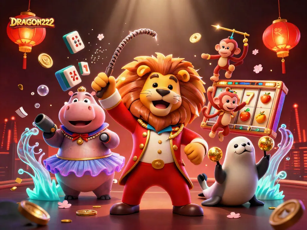 Spin to win with DRAGON222 in an exciting virtual casino scene featuring cartoon characters.