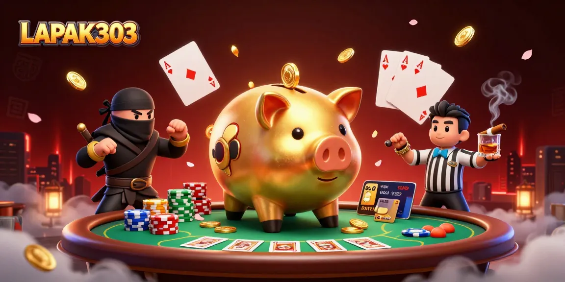 LAPAK303 menampilkan pertarungan antara pegulat bank piggy emas raksasa dan ninja dompet di meja permainan poker.