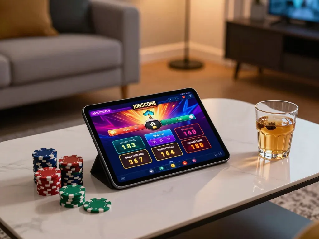 IDNSCORE online gaming app displayed on tablet with poker chips in cozy home setting