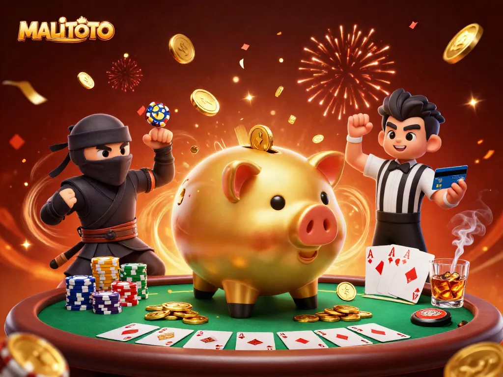 Experience thrilling gameplay at MALITOTO with a lively casino scene featuring a golden piggy bank and vibrant poker elements.