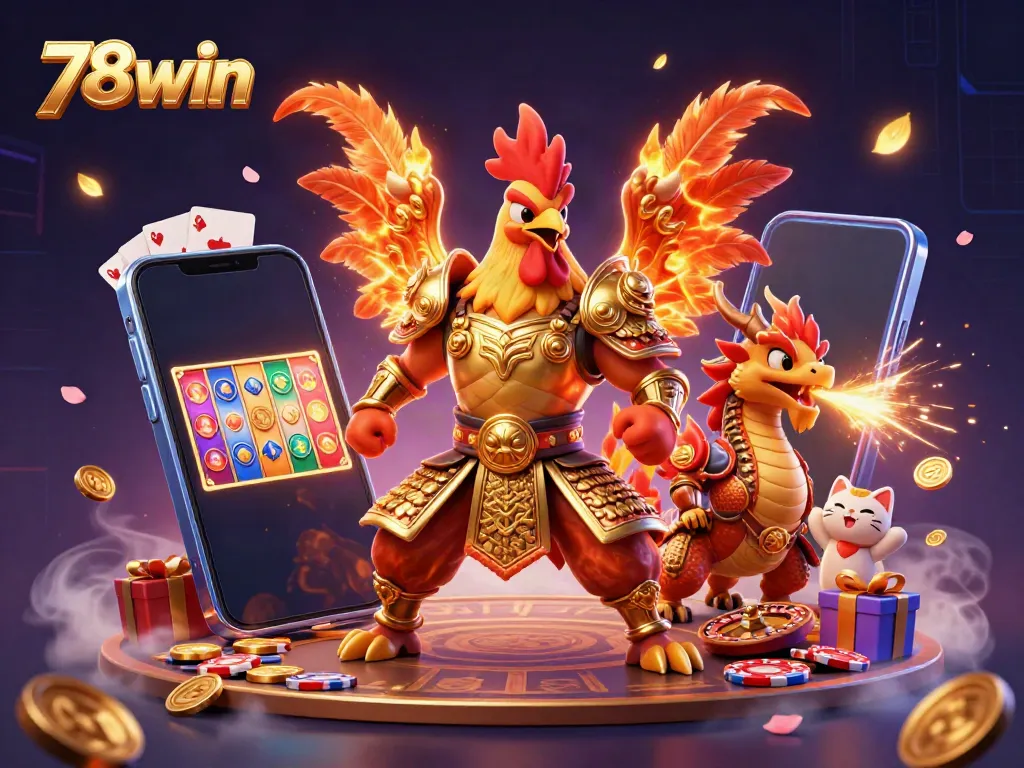 Engage in thrilling gameplay at 78win with an exciting illustration of a rooster warrior, dragon hatchling, and gaming elements.