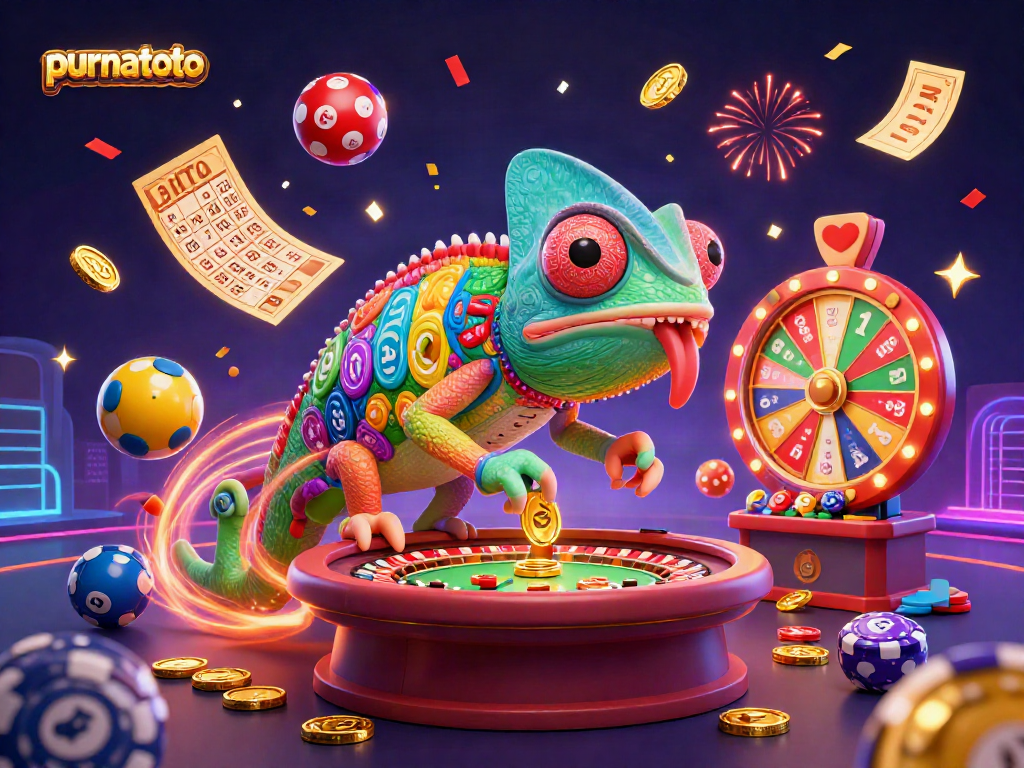 Purnatoto menawarkan keseruan dengan banyak bola lotre berwarna-warni dan pemilik kasino chameleon yang menarik koin emas.