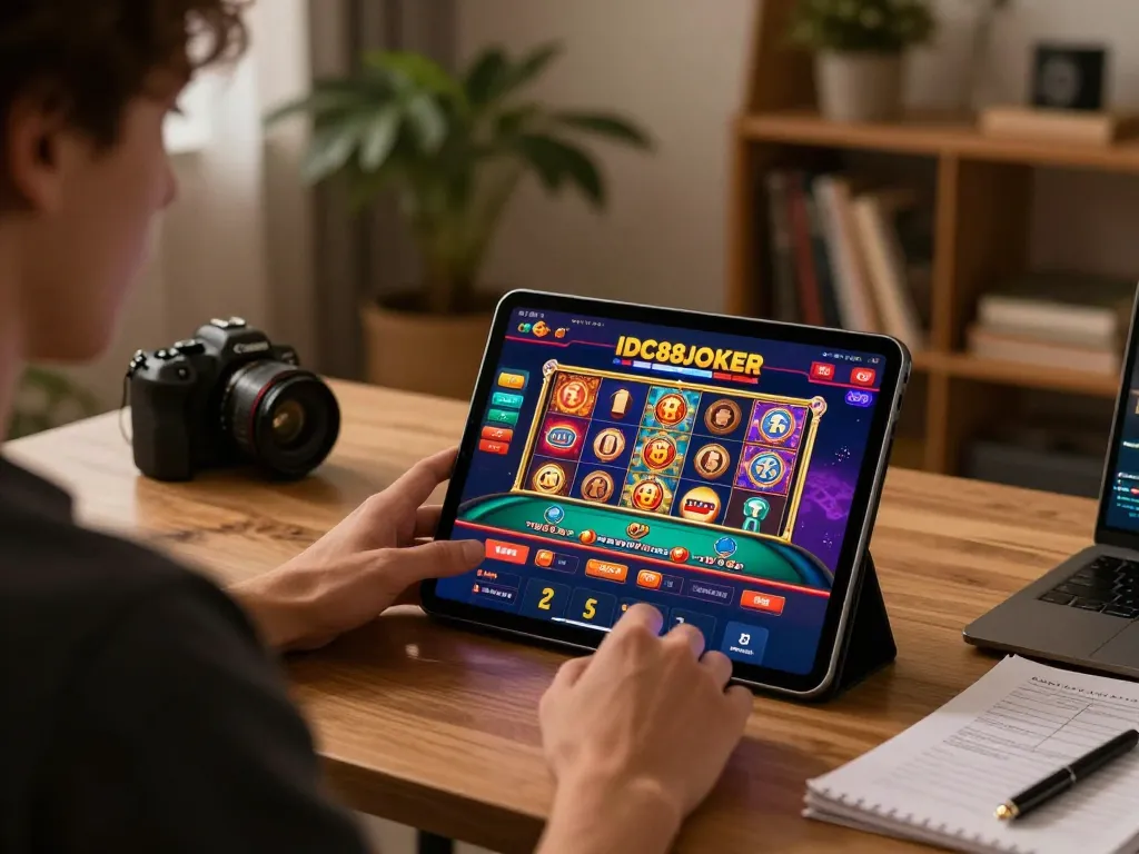Experience engaging gameplay at IDC88JOKER with a user interacting with online slots on a tablet.