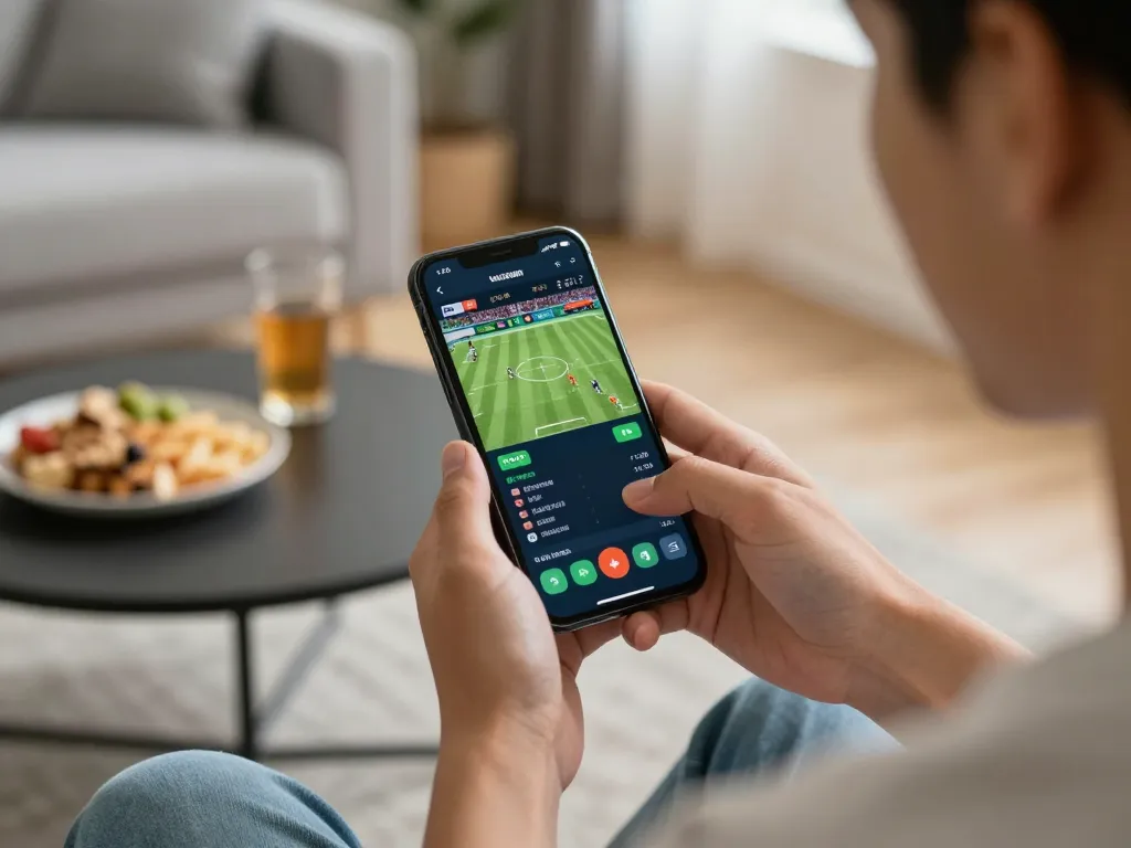 Cược thể thao qua Link 12bet trên điện thoại thông minh trong không gian phòng khách ấm cúng