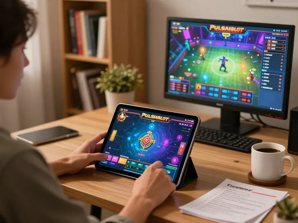 PULSASLOT gaming experience with player strategizing in modern home setting.