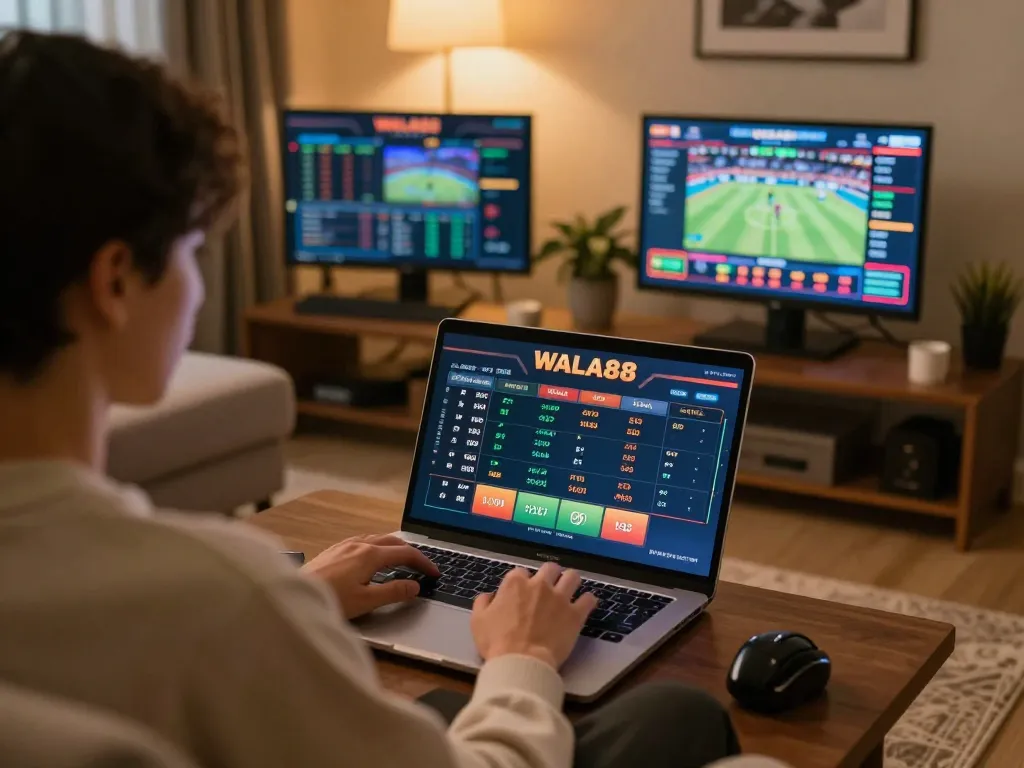 Player engaging with WALA88 live betting interface from home, showcasing interactive online gaming.