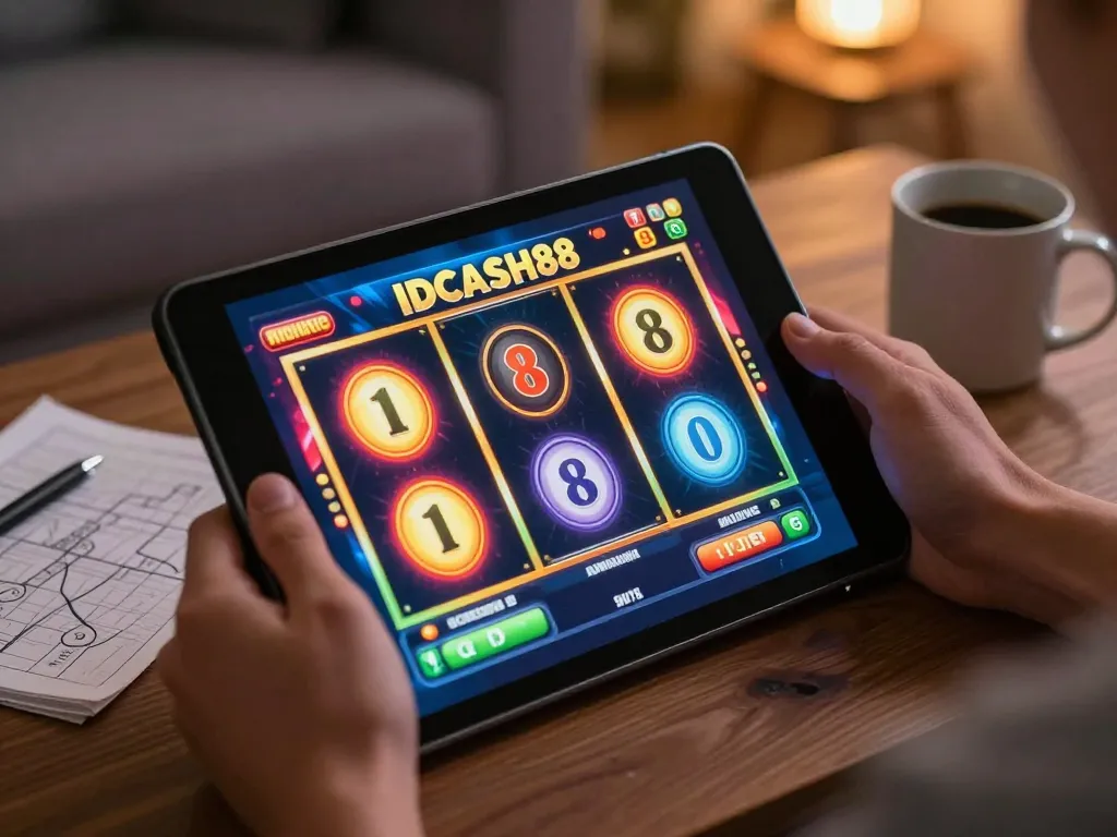 IDCASH88 offers a thrilling online gaming experience with vibrant slot games on a tablet.