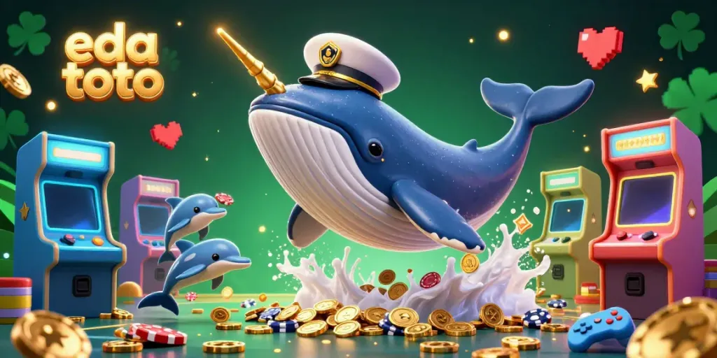 Play and win with eda toto in this vibrant casino scene featuring dolphins, a whale, and gaming elements.