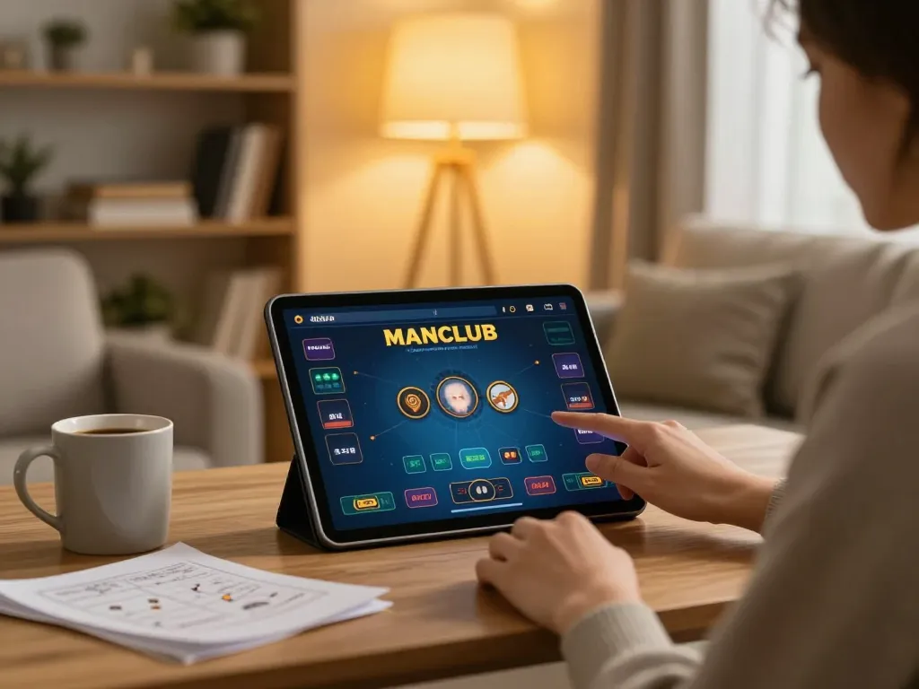 Player engaging in MANCLUB online gaming on tablet in cozy living room.
