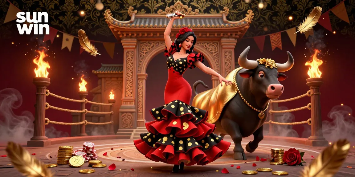 Engage with sun win in a vibrant 3D scene showcasing a flamenco dancer and a fighting bull amid casino elements.