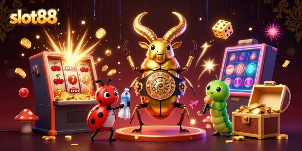 Slot88 menghadirkan slot machine yang meledak dengan koin emas, dikelilingi karakter unik di panggung