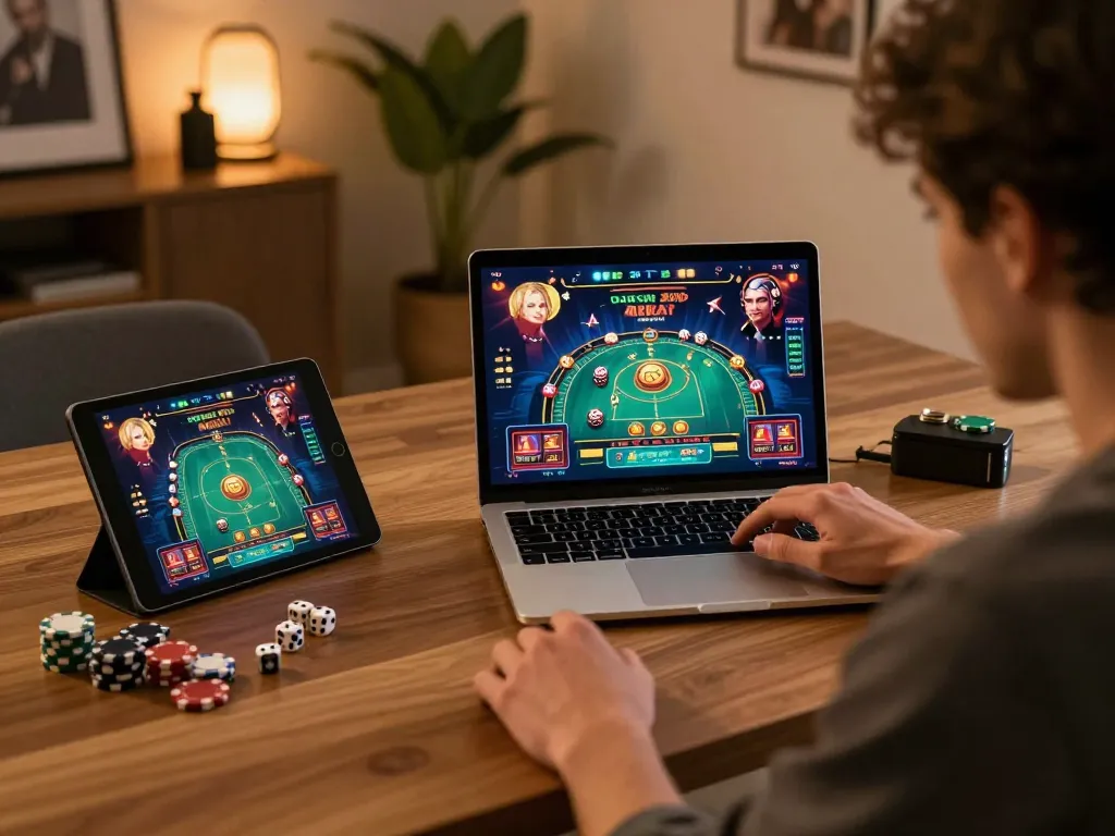 Engaging online gambling scene with VA88 displayed on a modern laptop amidst a cozy decor.