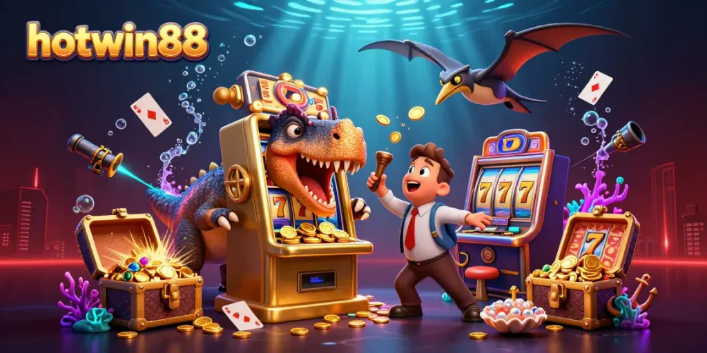 Engage with hotwin88's latest slot gaming adventure featuring a pachycephalosaurus, ankylosaurus, and pteranodon in a dynamic casino scene.