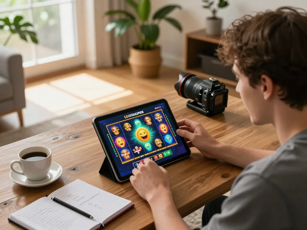 Player experiences LGOSUPER slots on a tablet in a cozy living room setup.