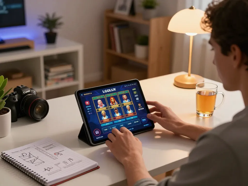 Engaging gameplay on LGOLUX slots platform with vibrant tablet interface and personal gaming setup.