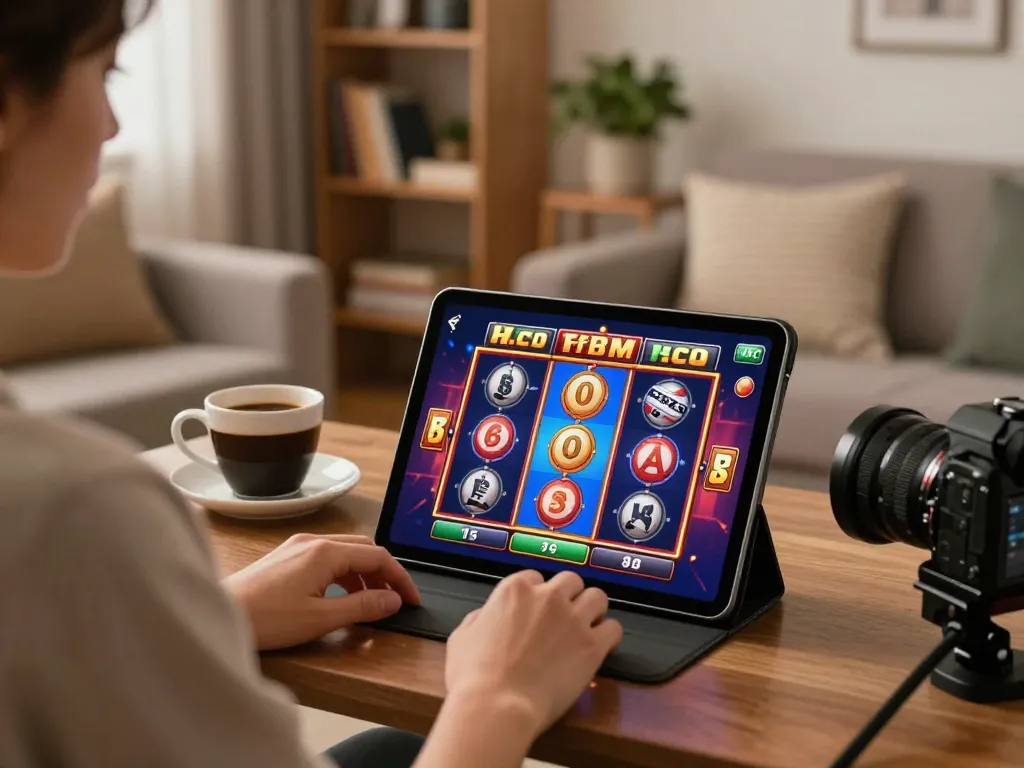 WWBOLA player enjoying online slots on tablet in a cozy home setting with ambient lighting.