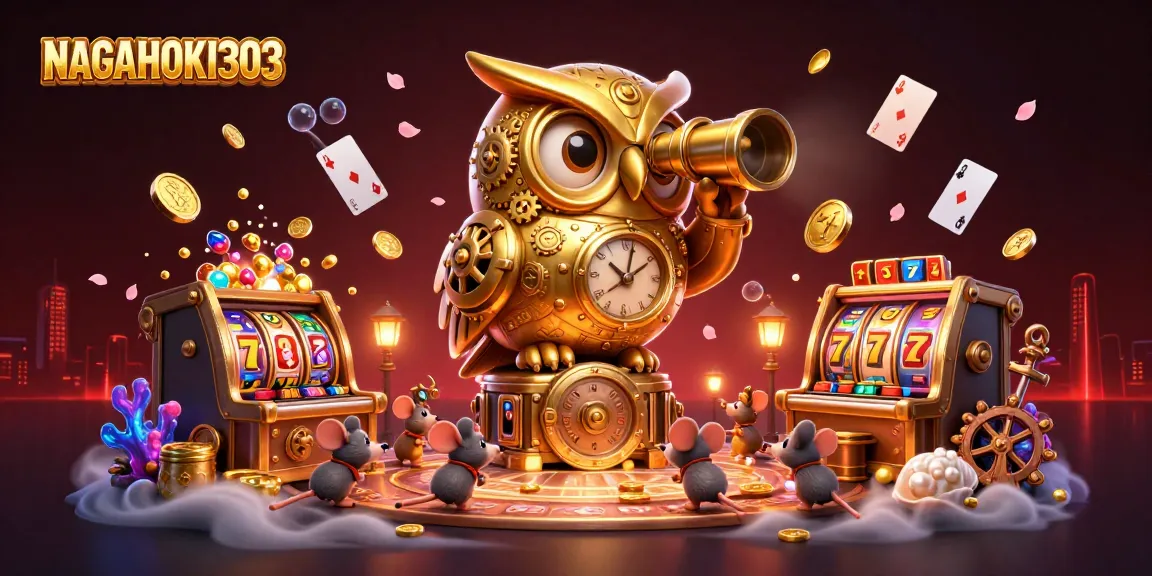 NAGAHOKI303 showcases a lively casino atmosphere with a golden owl and vibrant slot games.