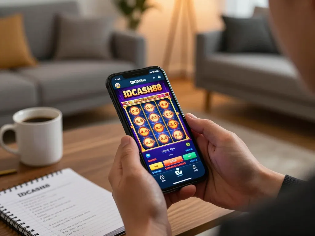 IDCASH88 user spinning reels on smartphone app in a cozy home setting, enhancing online gaming experience