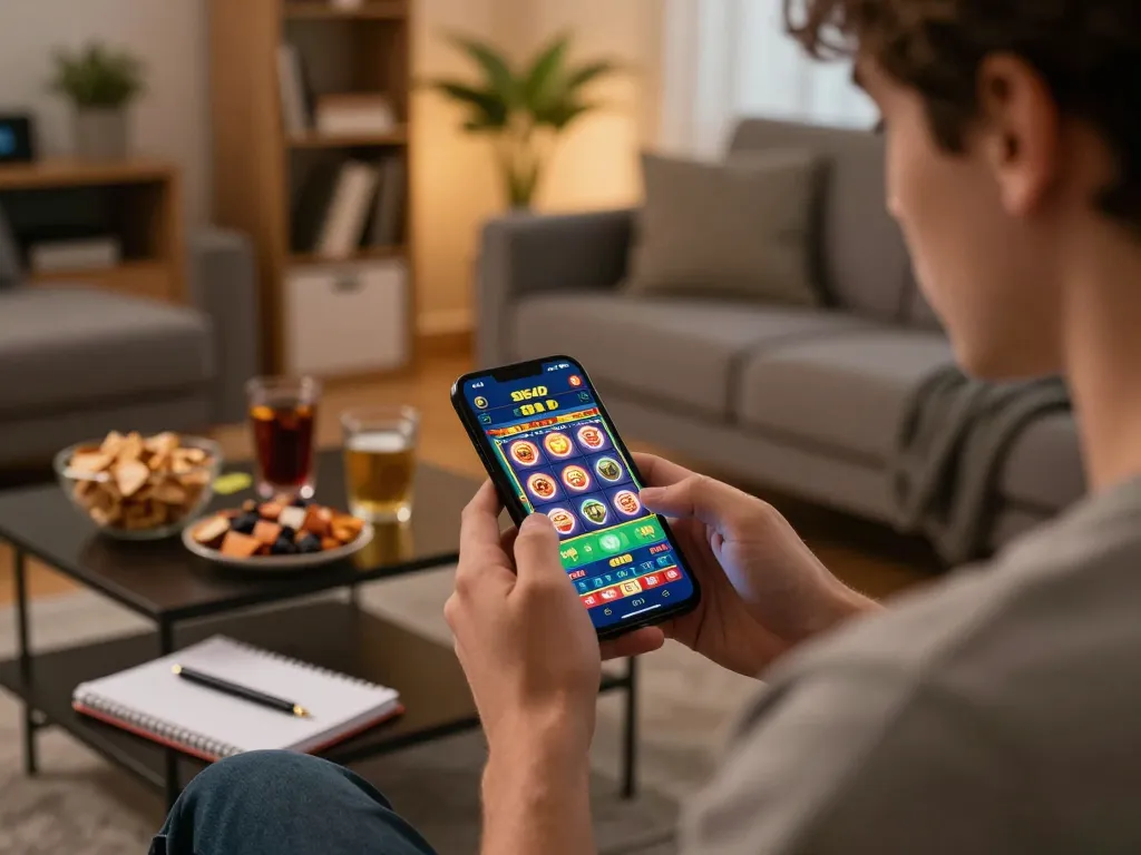 Sis4D mobile gaming in a vibrant living room setting, showcasing a smartphone with casino games.