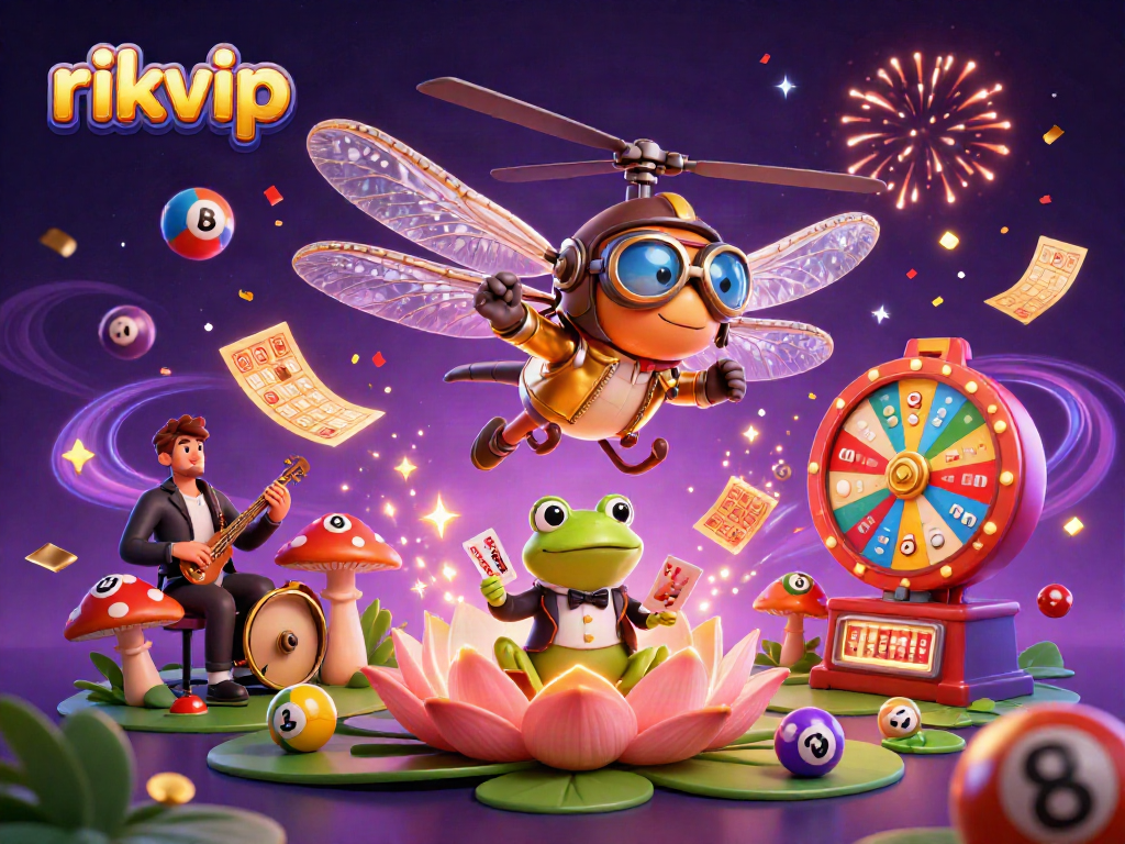 Engage with rikvip's playful world, featuring a dragonfly pilot, frog dealer, and jazz cricket musicians in a lively casino scene.