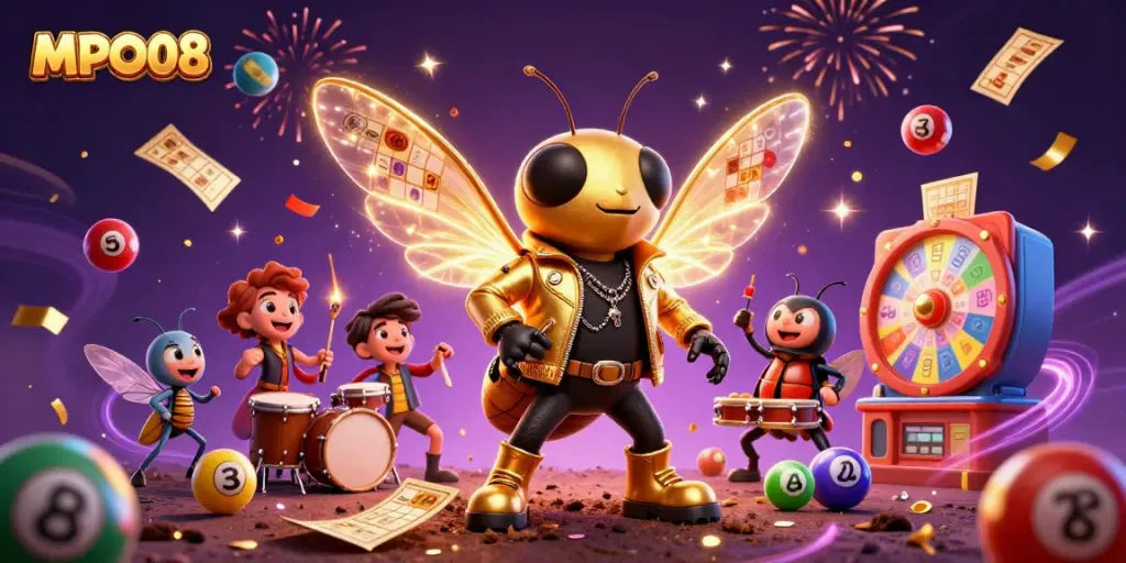 Experience the thrill of MPO08 with a lively 3D illustration of casino-themed characters and game elements.
